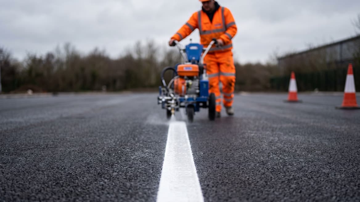 A crisp white line being sprayed onto fresh black tarmac by an operative walking a line-marking machine, with cones set out alongside.