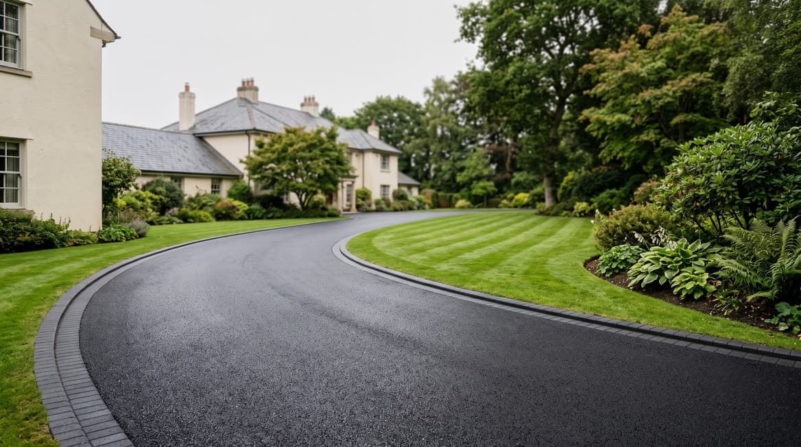 A freshly laid tarmac driveway curving past a cream-rendered house, edged with charcoal block paving against a striped lawn.